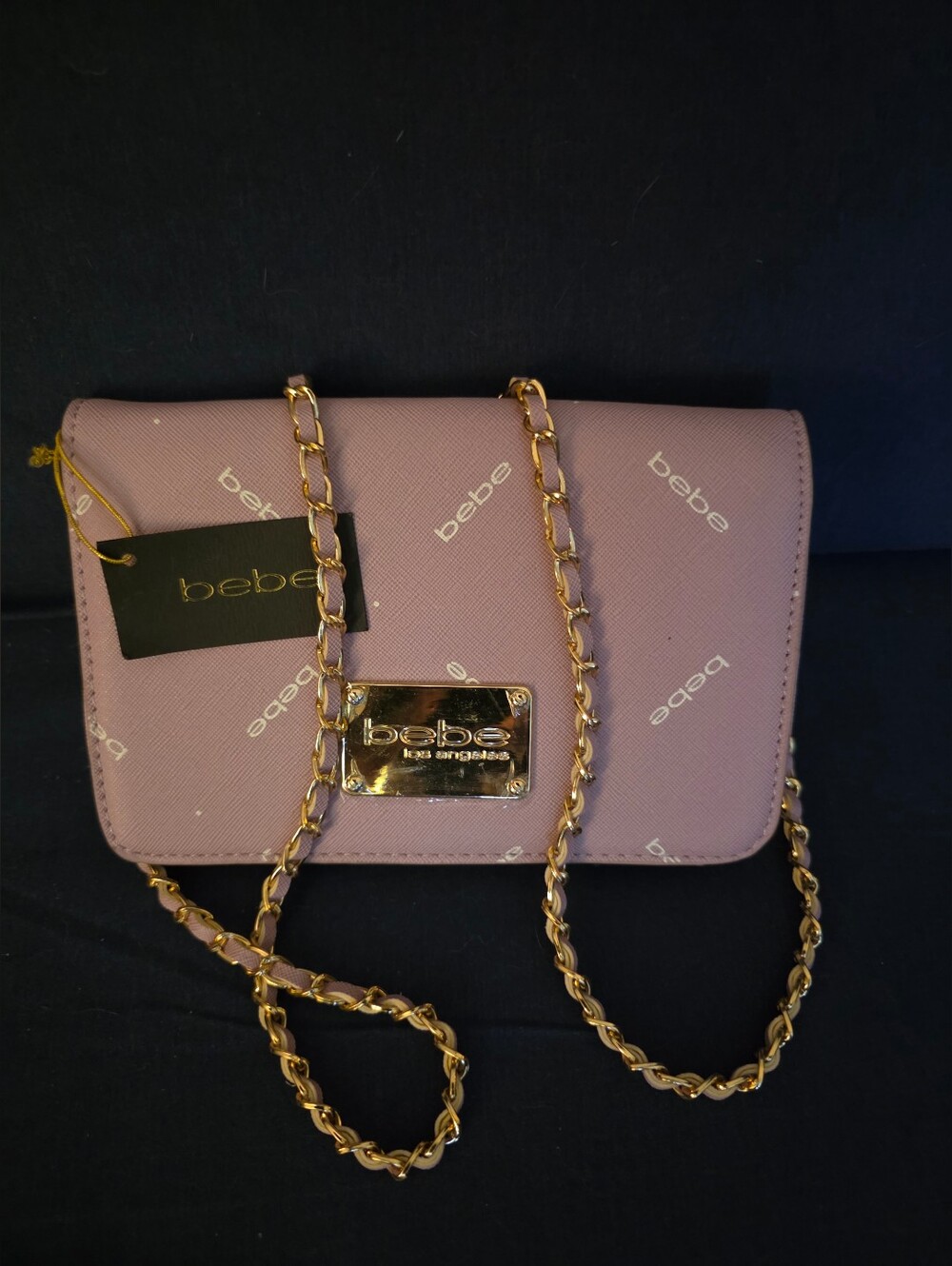 bebe Lilac Logo Chain Crossbody Bag with Gold Hardware